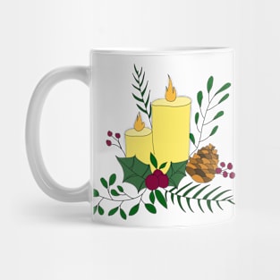 Christmas lights with holly, candles, pine cones and coniferous branches Mug